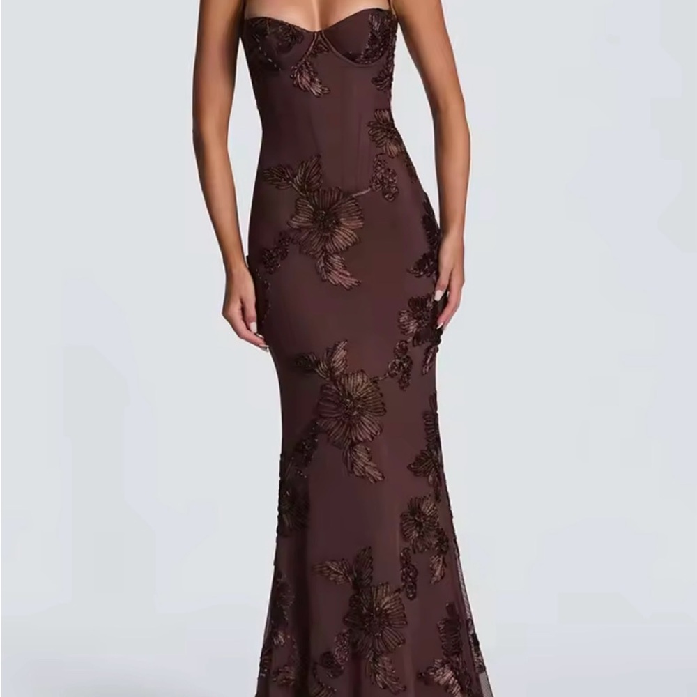 Elegant Strapless Brown Floral Sequin Evening Dress